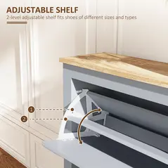 HOMCOM 2 Drawer Shoe Cabinet Modern Narrow Shoe Cupboard Hallway Wooden Storage Organiser with Flip Doors Adjustable Shelf for 6-12 Pairs, Grey - 5