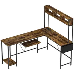 HOMCOM 160cm Reversible L Shaped Desk with Power Outlet, Industrial Corner Desk with Storage Shelves and Keyboard Tray, 240cm Long Computer Desk for 2 Person, Rustic Brown - 1