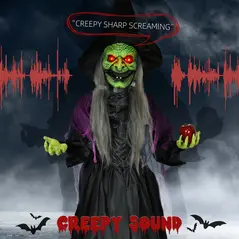 HOMCOM 180 cm Life Size Halloween Animated Standing Witch, Spooky Witch with Glowing LED Eyes,  Battery Operated - 4