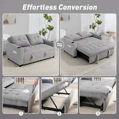 HOMCOM 2 Seater Click Clack Sofa Bed with Pull Out Design, Corduroy Upholstery - Light Grey - 4