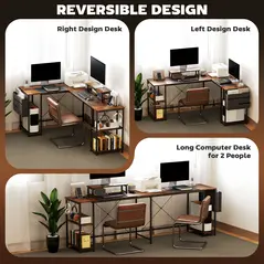 HOMCOM 168cm Reversible L Shaped Desk, Industrial Corner Computer Desk with Adjustable Shelf and Storage Bag, 240cm 2 Person PC Table with Monitor Stand, Rustic Brown - 5