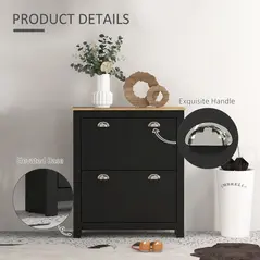 HOMCOM 2 Drawer Shoe Cabinet Modern Narrow Shoe Cupboard Hallway Wooden Storage Organiser with Flip Doors Adjustable Shelf for 6-12 Pairs, Black - 6