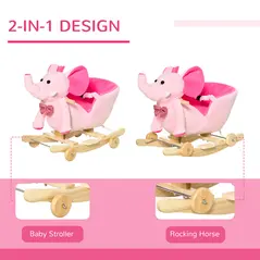 HOMCOM 2 In 1 Plush Baby Ride on Rocking Horse Elephant Rocker with Wheels Wooden Toy for Kids 32 Songs for 18+ Months (Pink) - 5