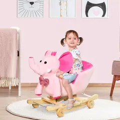HOMCOM 2 In 1 Plush Baby Ride on Rocking Horse Elephant Rocker with Wheels Wooden Toy for Kids 32 Songs for 18+ Months (Pink) - 2