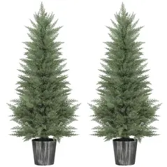 HOMCOM 135cm Artificial Cypress Trees Set of 2, UV Resistant Artificial Plants with Decorative Pot, Fake Plants for Indoor Outdoor Decor, Green - 1