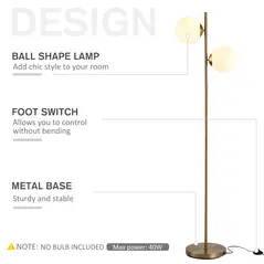 HOMCOM 2 Lights Tree Floor Lamp for Living Room with Globe Lampshade, Standing Lamp for Bedroom, Bulb not Included, Gold Tone - 4