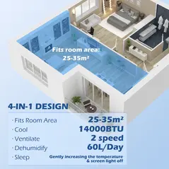 HOMCOM 14000 BTU Mobile Air Conditioner, 35m², Smart Home WiFi, with Dehumidifier, Fan, 24H Timer, Window Kit, Black - 4