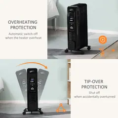 HOMCOM 1500W Digital Oil Filled Radiator, 7 Fin, Portable Electric Heater with LED Display, 24-Hour Timer, 3 Heat Settings, Safety Cut-Off and Remote Control, Black - 4