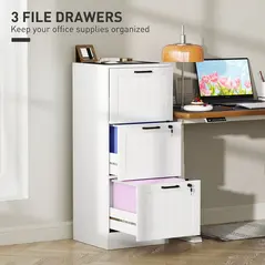 HOMCOM 3 Drawer Filing Cabinet with Lock, Office Storage Cabinet with Adjustable Hanging Bars for A4 Letter Size Files, White - 4