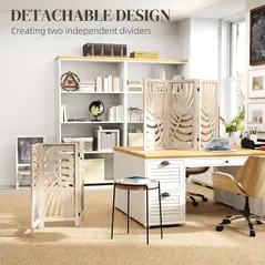 HOMCOM 3 Panel Room Divider, Detachable Folding Privacy Screens with Palm Leaf Design for Home Office, Natural Wood Finish - 4