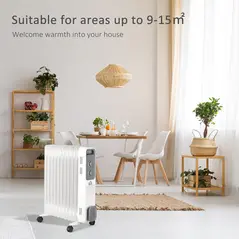 HOMCOM 2500W Oil Filled Radiator, 11 Fin, Portable Electric Heater with 3 Heat Settings, Safety Cut-Off and Wheels, White - 7