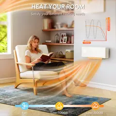 HOMCOM 2000W Ceramic Electric Heater with Fan, Adjustable Thermostat, Wall Mounted - White - 5