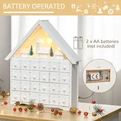 HOMCOM 24-Drawer Christmas Advent Calendar, Wooden Light-Up Traditional Decoration, Adults Kids Countdown Holiday House w/ Lights Handle White - 7