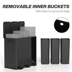 HOMCOM 3 x 20L Pedal Bin, Steel Triple Kitchen Bin with Soft Close Lid, Removable Inner Buckets, Fingerprint-Proof, Black - 7