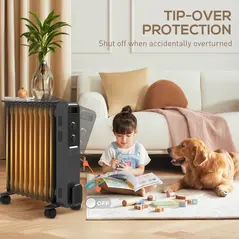 HOMCOM 2500W Oil Filled Radiator, 11 Fin, Portable Electric Heater with 3 Heat Settings, Safety Cut-Off and Wheels, Grey - 7