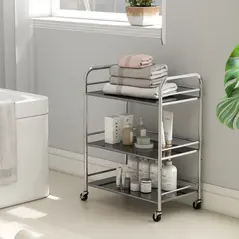 HOMCOM 3 Tier Stainless Steel Kitchen Storage Trolley with Adjustable Shelf - Silver - 9