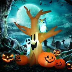 HOMCOM 240cm Large Halloween Scary Lighting Inflatable Tree Ghost 3 Pumpkins Owl 4 LED Indoor Outdoor Holiday Decoration - 2