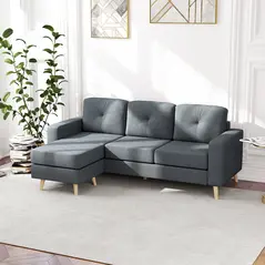 HOMCOM 3 Seater Sofa with Footstool, Fabric L-Shaped Sofa, Sectional Couch with Wood Legs, Tufting Cushioned Back for Small Space, Living Room, Office, Dark Grey - 2