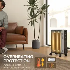 HOMCOM 2000W Oil Filled Radiator, 9 Fin, Portable Electric Heater with 3 Heat Settings, Safety Cut-Off and Wheels, Grey - 7