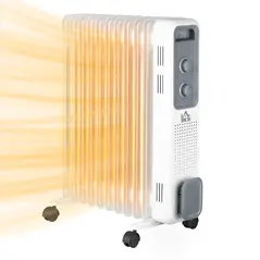 HOMCOM 2500W Oil Filled Radiator, 11 Fin, Portable Electric Heater with 3 Heat Settings, Safety Cut-Off and Wheels, White - 1