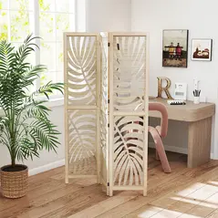 HOMCOM 3 Panel Room Divider, Detachable Folding Privacy Screens with Palm Leaf Design for Home Office, Natural Wood Finish - 2