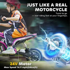 HOMCOM 24V Electric Motorbike with Twist Grip Throttle, Music, Horn, 12" Pneumatic Tyres, 16km/h Max Speed - Pink - 5