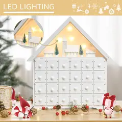 HOMCOM 24-Drawer Christmas Advent Calendar, Wooden Light-Up Traditional Decoration, Adults Kids Countdown Holiday House w/ Lights Handle White - 4