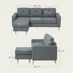 HOMCOM 3 Seater Sofa with Footstool, Fabric L-Shaped Sofa, Sectional Couch with Wood Legs, Tufting Cushioned Back for Small Space, Living Room, Office, Dark Grey - 3