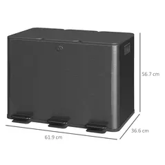 HOMCOM 3 x 20L Pedal Bin, Steel Triple Kitchen Bin with Soft Close Lid, Removable Inner Buckets, Fingerprint-Proof, Black - 3