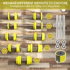 HOMCOM 20KGS 2-In-1 Dumbbell & Barbell Adjustable Set Strength Muscle Exercise Fitness Plate Bar Clamp Rod Home Gym Sports Area, Yellow - 8