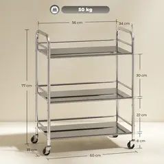 HOMCOM 3 Tier Stainless Steel Kitchen Storage Trolley with Adjustable Shelf - Silver - 3