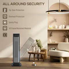 HOMCOM 2000W Ceramic Electric Heater with 3 Heat Settings, Timer - Black - 7