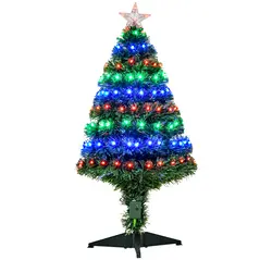 HOMCOM 3 Feet Prelit Artificial Christmas Tree with Multi-Coloured Fiber Optic LED Light, Holiday Home Xmas Decoration, Green - 1