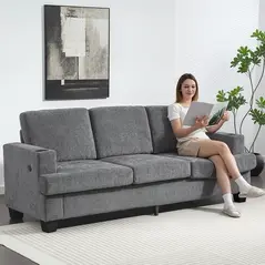 HOMCOM 3 Seater Sofa with USB Ports & Cup Holders - Grey - 2