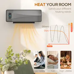 HOMCOM 2000W Ceramic Electric Heater with Fan, Adjustable Thermostat, Wall Mounted - Grey - 5