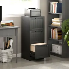 HOMCOM 3 Drawer Filing Cabinet with Lock, Office Storage Cabinet with Adjustable Hanging Bars for A4 Letter Size Files, Black - 2