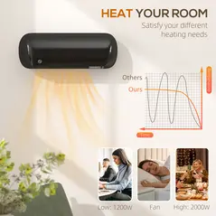 HOMCOM 2000W Ceramic Electric Heater with Fan, Adjustable Thermostat, Wall Mounted - Black - 5