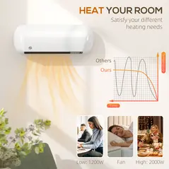 HOMCOM 2000W Ceramic Electric Heater with Fan, Adjustable Thermostat, Wall Mounted - White - 5