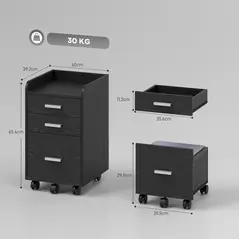 HOMCOM 3 Drawer Filing Cabinet, Rolling File Cabinet with Edged Top for Letter, A4 Size, Hanging File Folders, Black - 3