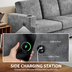 HOMCOM 3 Seater Sofa with USB Ports & Cup Holders - Grey - 4