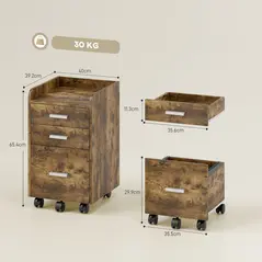HOMCOM 3 Drawer Filing Cabinet, Rolling File Cabinet with Edged Top for Letter, A4 Size, Hanging File Folders, Rustic Brown - 3