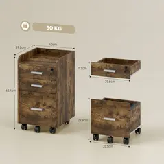 HOMCOM 3 Drawer Filing Cabinet with Lock, Rolling File Cabinet with Edged Top for Letter, A4 Size, Hanging File Folders - 3