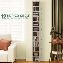HOMCOM 204 CD Tall Narrow Media Storage Tower - Cement Grey - 4