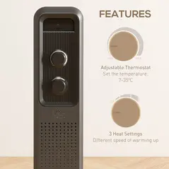 HOMCOM 2500W Oil Filled Radiator, 11 Fin, Portable Electric Heater with 3 Heat Settings, Safety Cut-Off and Wheels, Grey - 5