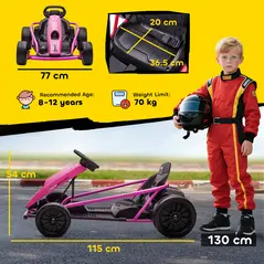 HOMCOM 24V Electric Go Kart for Kids, Drift Ride-On Racing Go Kart with 2 Speeds, for Boys Girls Aged 8-12 Years Old, Pink - 3