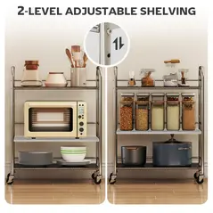 HOMCOM 3 Tier Stainless Steel Kitchen Storage Trolley with Adjustable Shelf - Silver - 5