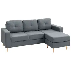 HOMCOM 3 Seater Sofa with Footstool, Fabric L-Shaped Sofa, Sectional Couch with Wood Legs, Tufting Cushioned Back for Small Space, Living Room, Office, Dark Grey - 1