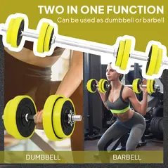 HOMCOM 20KGS 2-In-1 Dumbbell & Barbell Adjustable Set Strength Muscle Exercise Fitness Plate Bar Clamp Rod Home Gym Sports Area, Yellow - 4