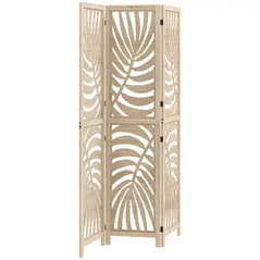 HOMCOM 3 Panel Room Divider, Detachable Folding Privacy Screens with Palm Leaf Design for Home Office, Natural Wood Finish - 1