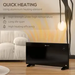 HOMCOM 2000W Electric Convector Heater, Freestanding or Wall Mounted, Space Heater with Adjustable Thermostat, Timer, Black - 5